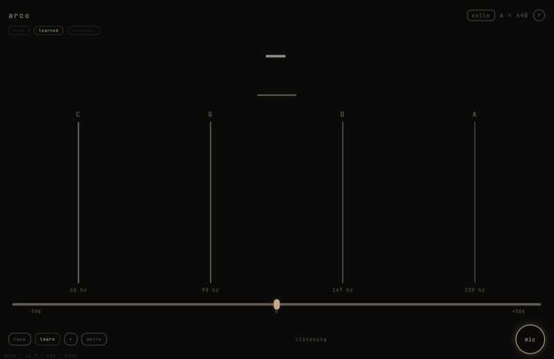Arco listening for a cello, showing the C, G, D and A strings and a cents meter