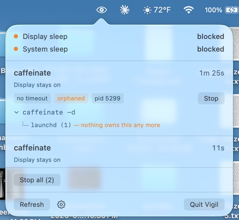 Vigil's menu bar popover listing two caffeinate processes blocking display and system sleep, one of them orphaned to launchd, each with a Stop button